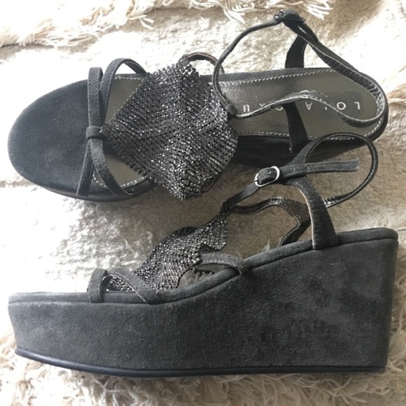 New NWOT Lola Cruz Crystal Mesh Rhinestone Suede Platform Wedge Formal Sandal - Picture 5 of 9